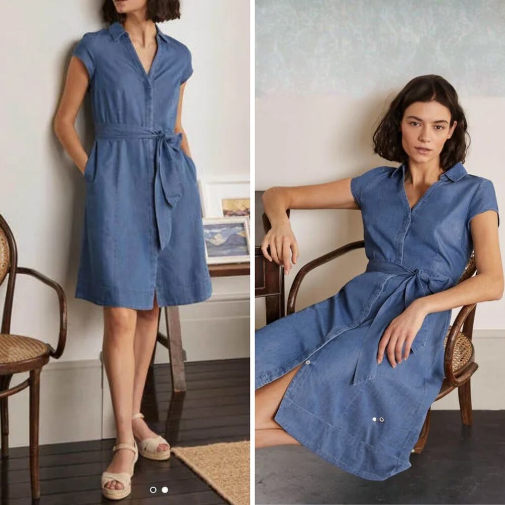 NWT BODEN DRESS WITH POCKETS CHAMBRAY SHORT SLEEVE SHIRTDRESS TIE WAIST